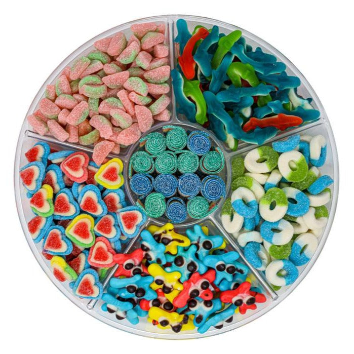 candy platter with Gummy Sand Sharks, Blue Raspberry and Green Apple Sour Rings, Quattro Rainbow Sour Belts, Triple Layer Hearts, Gummy Blobs and Sour Watermelon Rinds