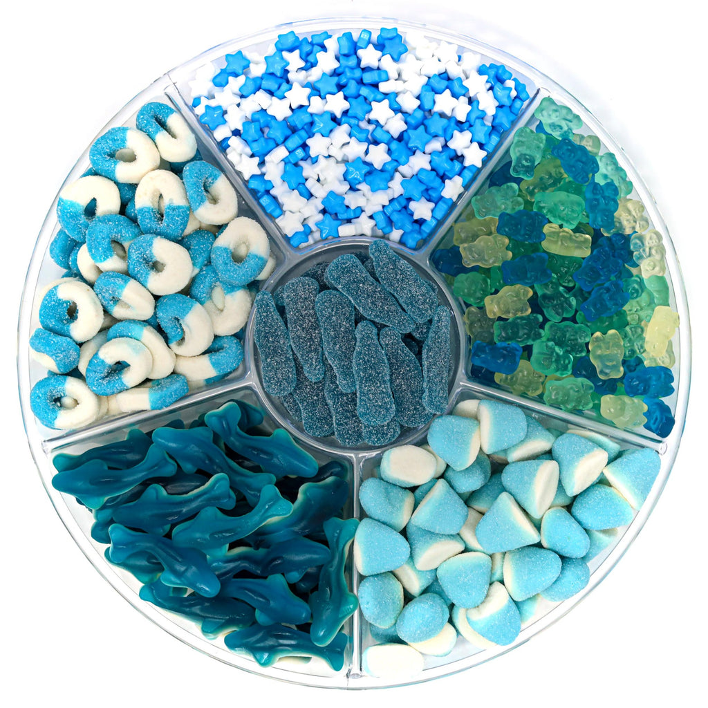 candy platter with Blue & White gummy and sour candy & additional gummies and candies.