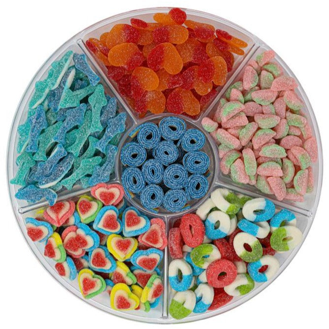 candy platter with sour triple layer hearts, sour belts, sour peach hearts, sour watermelon rinds, sour blue sharks and multi colored sour rings